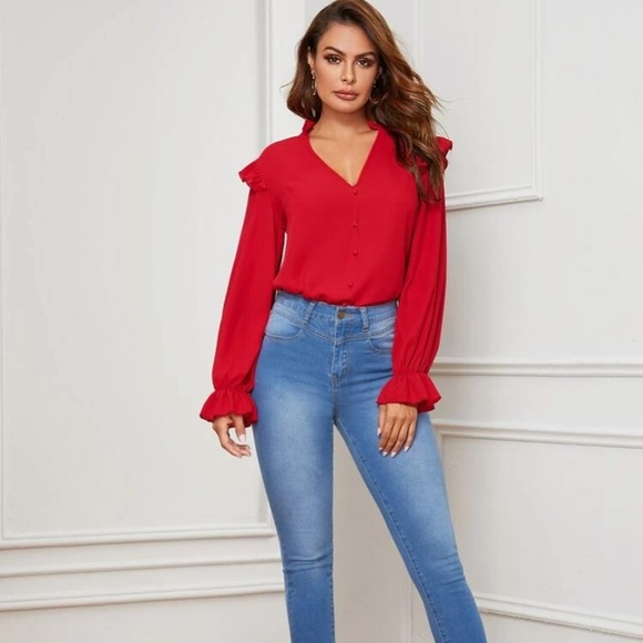 Ruffle Trim Button Front Blouse - Picture 4 of 8